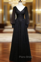 Black Long Sleeves V-neckline Evening Dresses, Black Formal Prom Dresses