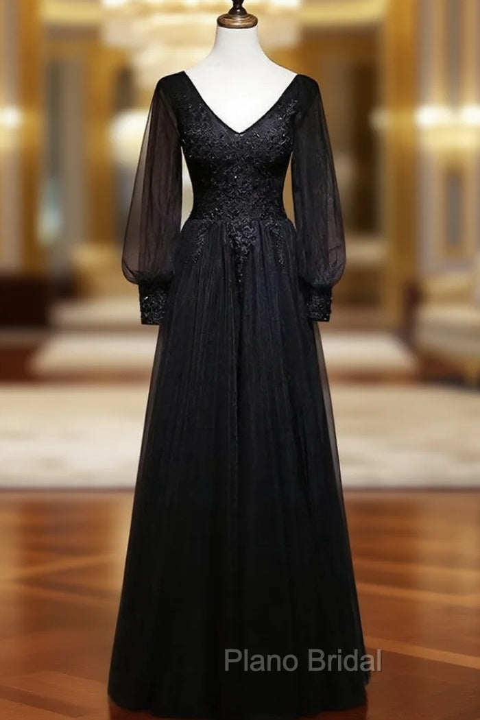 Black Long Sleeves V-neckline Evening Dresses, Black Formal Prom Dresses