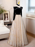 Black Long Sleeves Velvet ane Tulle Long Party Derss, Black Off Shoulder Formal Prom Dresses