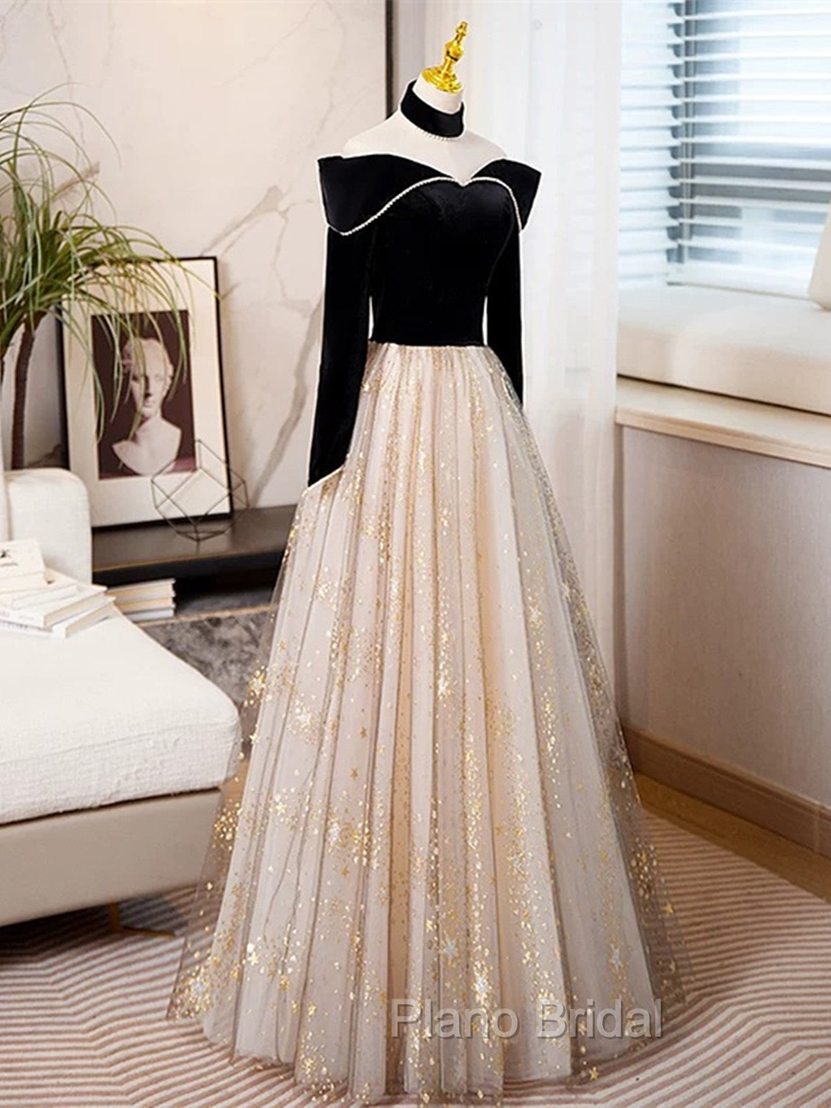 Black Long Sleeves Velvet ane Tulle Long Party Derss, Black Off Shoulder Formal Prom Dresses