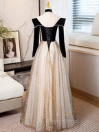 Black Long Sleeves Velvet ane Tulle Long Party Derss, Black Off Shoulder Formal Prom Dresses