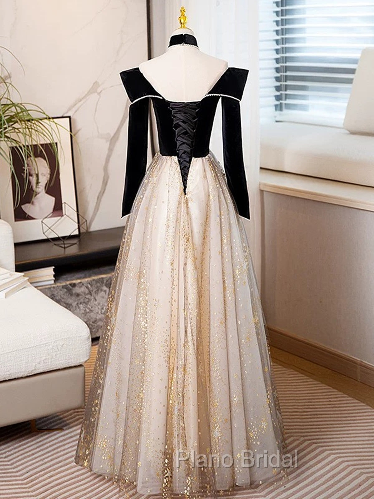 Black Long Sleeves Velvet ane Tulle Long Party Derss, Black Off Shoulder Formal Prom Dresses