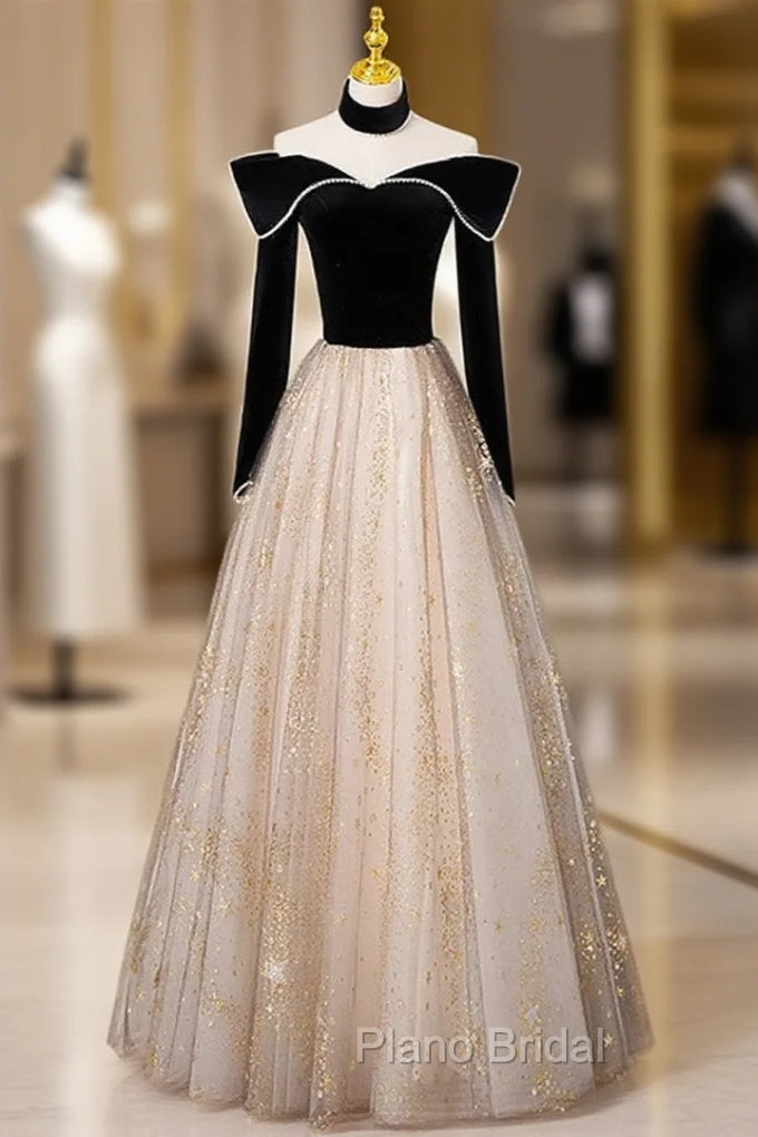 Black Long Sleeves Velvet ane Tulle Long Party Derss, Black Off Shoulder Formal Prom Dresses Main image