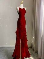 Black Mermaid Beach Wedding Dresses With Ruffles, Spaghetti Straps Backless Formal Prom Gown