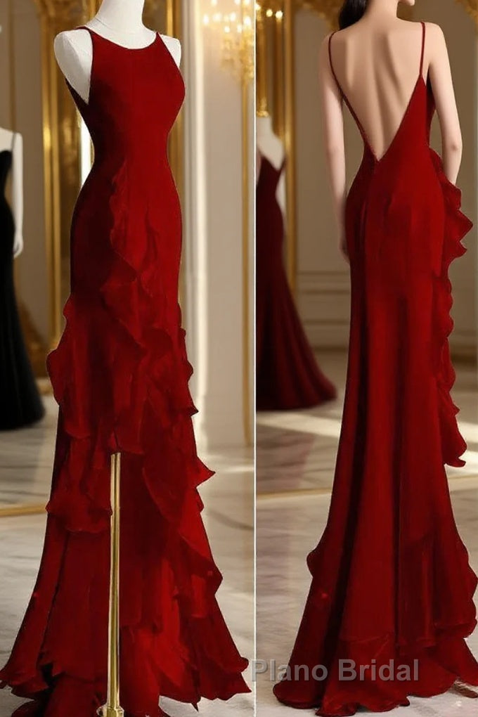 Black Mermaid Beach Wedding Dresses With Ruffles, Spaghetti Straps Backless Formal Prom Gown Main image