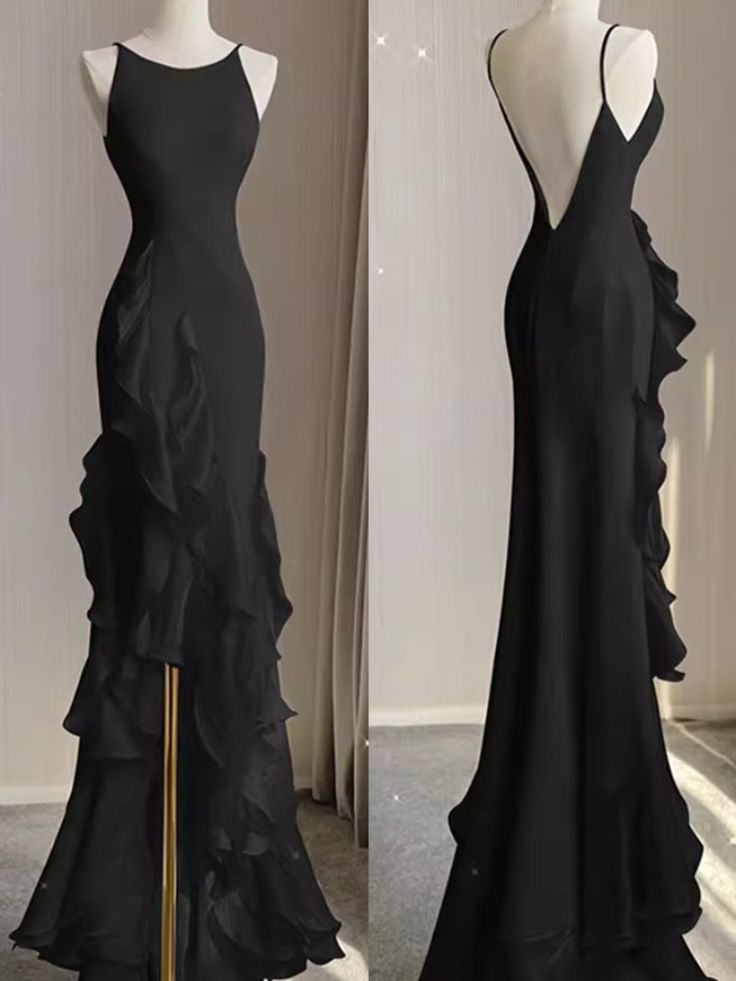 Black Mermaid Beach Wedding Dresses With Ruffles, Spaghetti Straps Backless Formal Prom Gown Main image