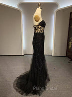 Black Mermaid Lace Formal Prom Dresses, Black Mermaid Lace Formal Evening Dresses