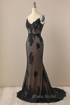 Black Mermaid Lace Straps Evening Dresses Party Dresses, Black Long Formal Prom Dresses