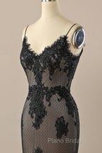 Black Mermaid Lace Straps Evening Dresses Party Dresses, Black Long Formal Prom Dresses