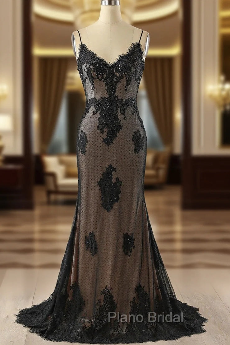 Black Mermaid Lace Straps Evening Dresses Party Dresses, Black Long Formal Prom Dresses Main image