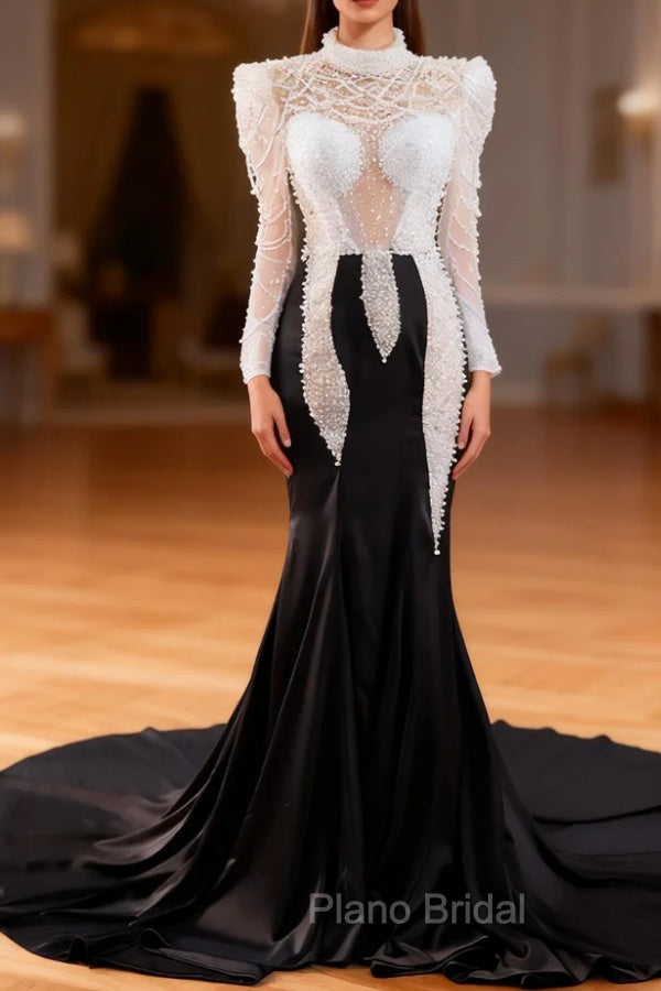 Black Mermaid Long Sleeve Pearls Formal Prom Dresses