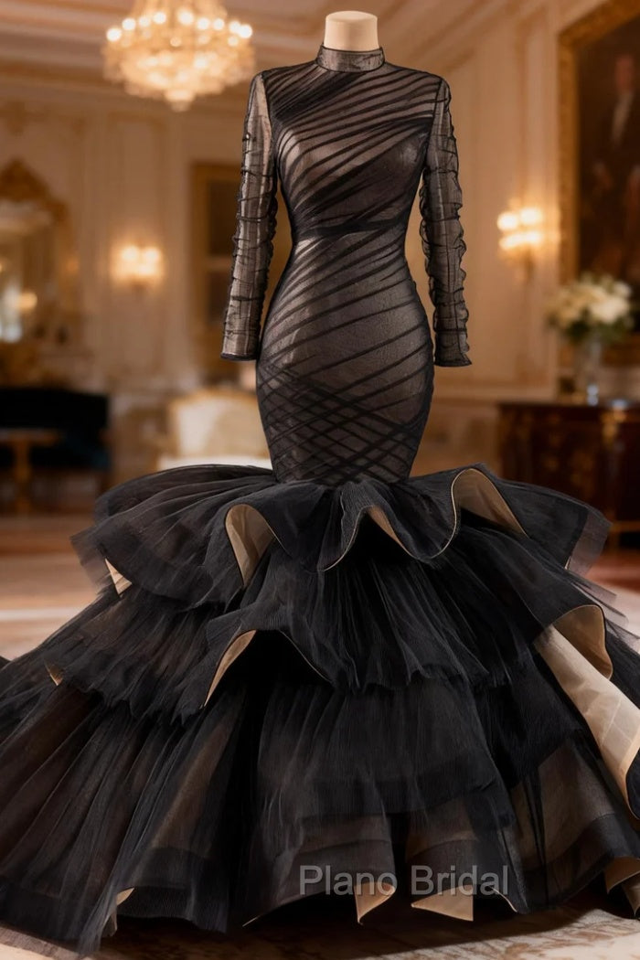 Black Mermaid Long Sleeve Pleats Formal Prom Dresses Main image