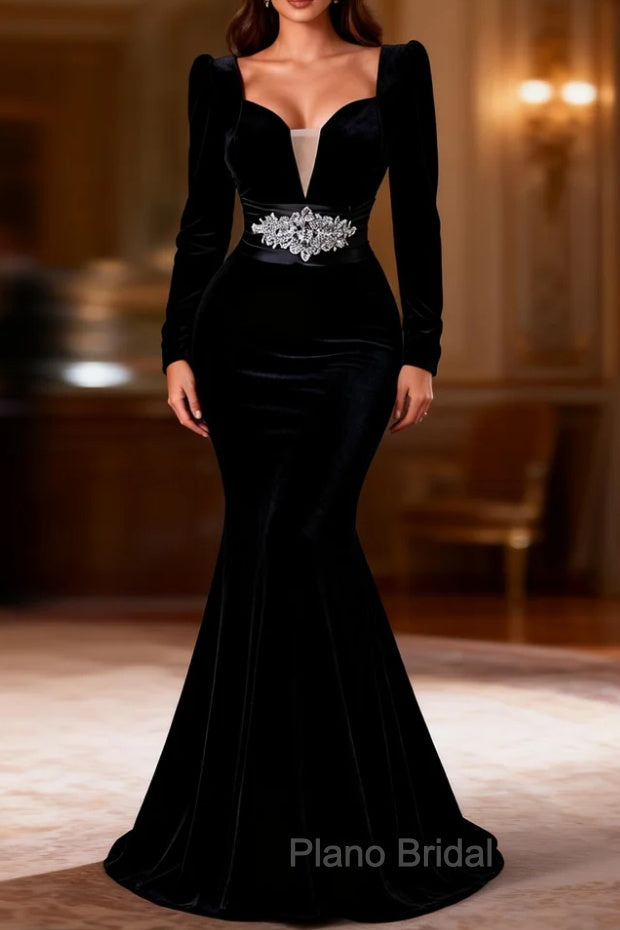 Black Mermaid Long Sleeve Velvet Formal Prom Dresses