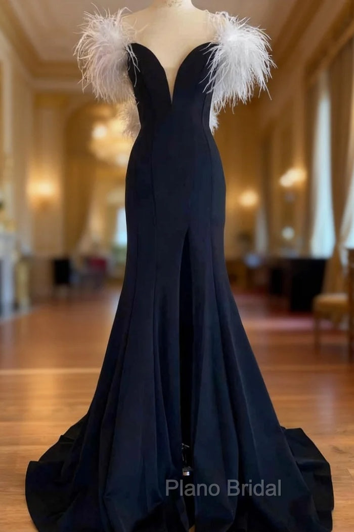 Black Mermaid Off the Shoulder Feather Formal Prom Dresses Main image