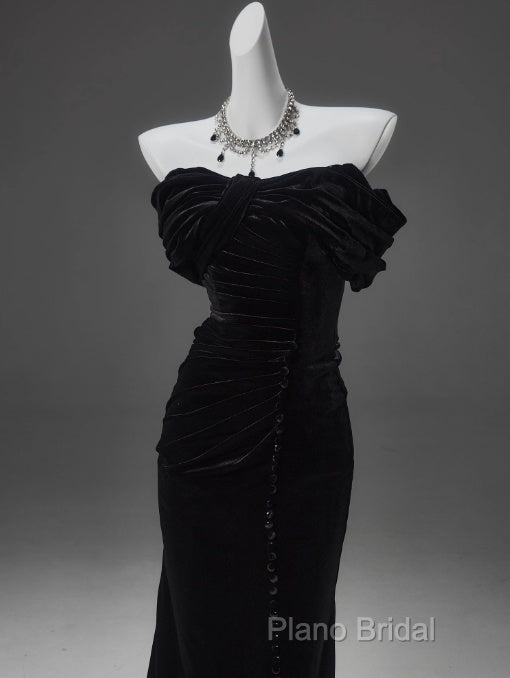 Black Mermaid Off-The-Shoulder Velvet Long Formal Prom Dresses, Elegant Quinceanera Dresses