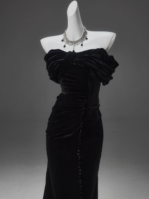 Black Mermaid Off-The-Shoulder Velvet Long Formal Prom Dresses, Elegant Formal Evening Dresses Secondary image