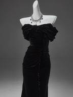 Black Mermaid Off-The-Shoulder Velvet Long Formal Prom Dresses, Elegant Formal Evening Dresses