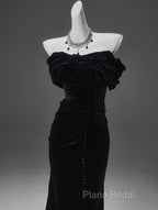 Black Mermaid Off-The-Shoulder Velvet Long Formal Prom Dresses, Elegant Quinceanera Dresses
