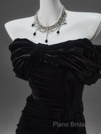 Black Mermaid Off-The-Shoulder Velvet Long Formal Prom Dresses, Elegant Quinceanera Dresses