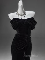 Black Mermaid Off-The-Shoulder Velvet Long Formal Prom Dresses, Elegant Quinceanera Dresses