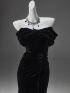 Black Mermaid Off-The-Shoulder Velvet Long Formal Prom Dresses, Elegant Formal Evening Dresses