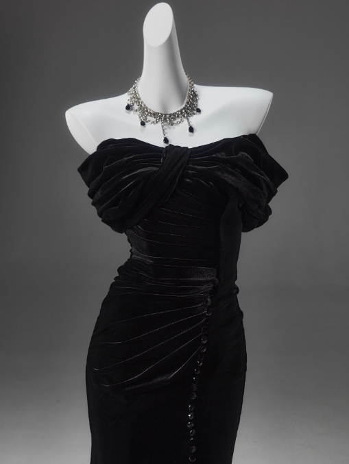 Black Mermaid Off-The-Shoulder Velvet Long Formal Prom Dresses, Elegant Formal Evening Dresses
