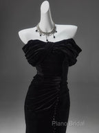 Black Mermaid Off-The-Shoulder Velvet Long Formal Prom Dresses, Elegant Quinceanera Dresses