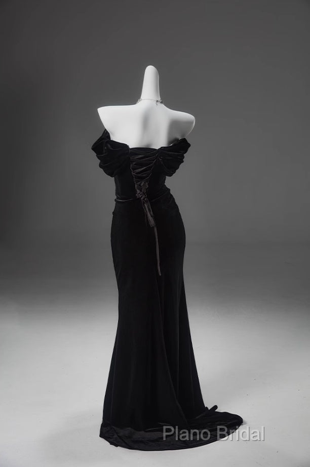 Black Mermaid Off-The-Shoulder Velvet Long Formal Prom Dresses, Elegant Quinceanera Dresses