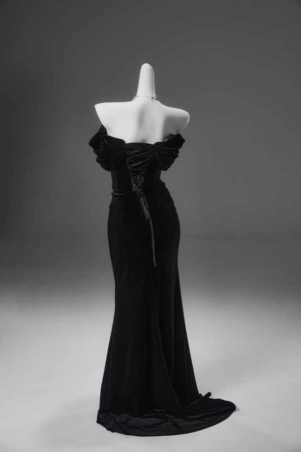 Black Mermaid Off-The-Shoulder Velvet Long Formal Prom Dresses, Elegant Formal Evening Dresses