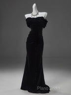 Black Mermaid Off-The-Shoulder Velvet Long Formal Prom Dresses, Elegant Quinceanera Dresses