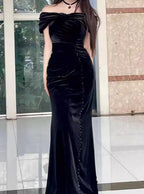 Black Mermaid Off-The-Shoulder Velvet Long Formal Prom Dresses, Elegant Formal Evening Dresses