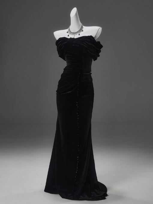 Black Mermaid Off-The-Shoulder Velvet Long Formal Prom Dresses, Elegant Formal Evening Dresses Main image