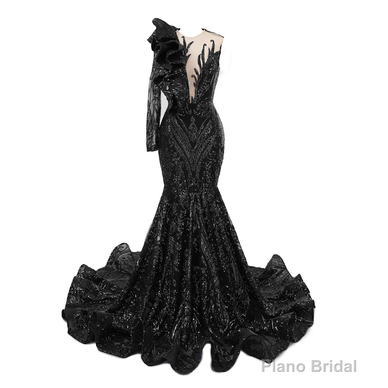 Black Mermaid One Sleeve Prom Dresses Sequined Lace Jewel Ruffles Evening Party Dress with Appliques Main image