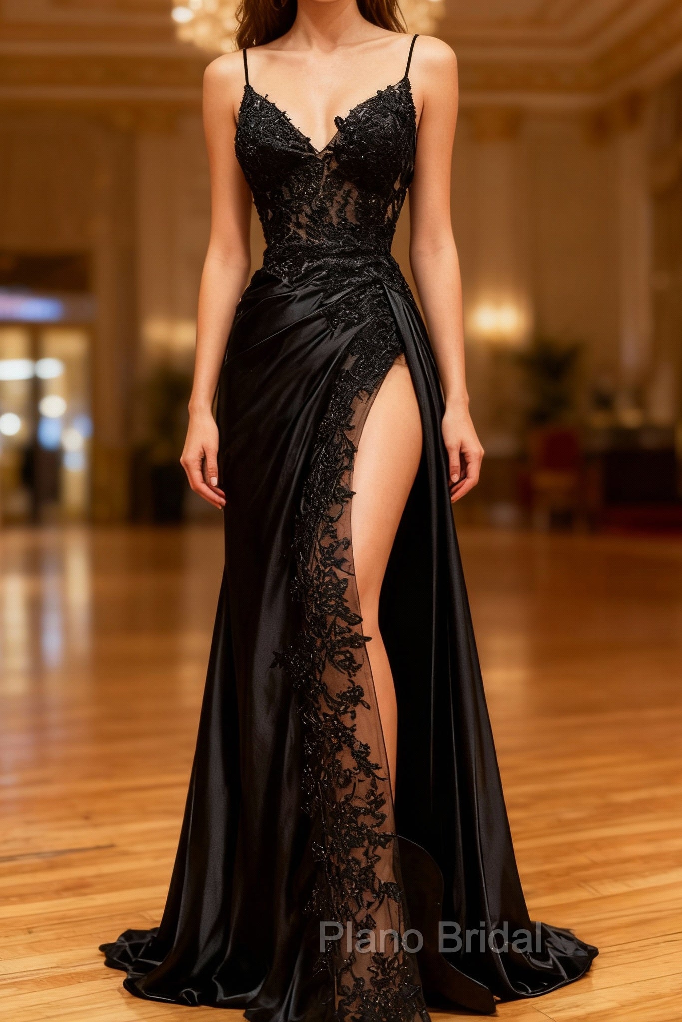 Black Mermaid Satin Spaghetti Sraps Formal Prom Dresses Main image