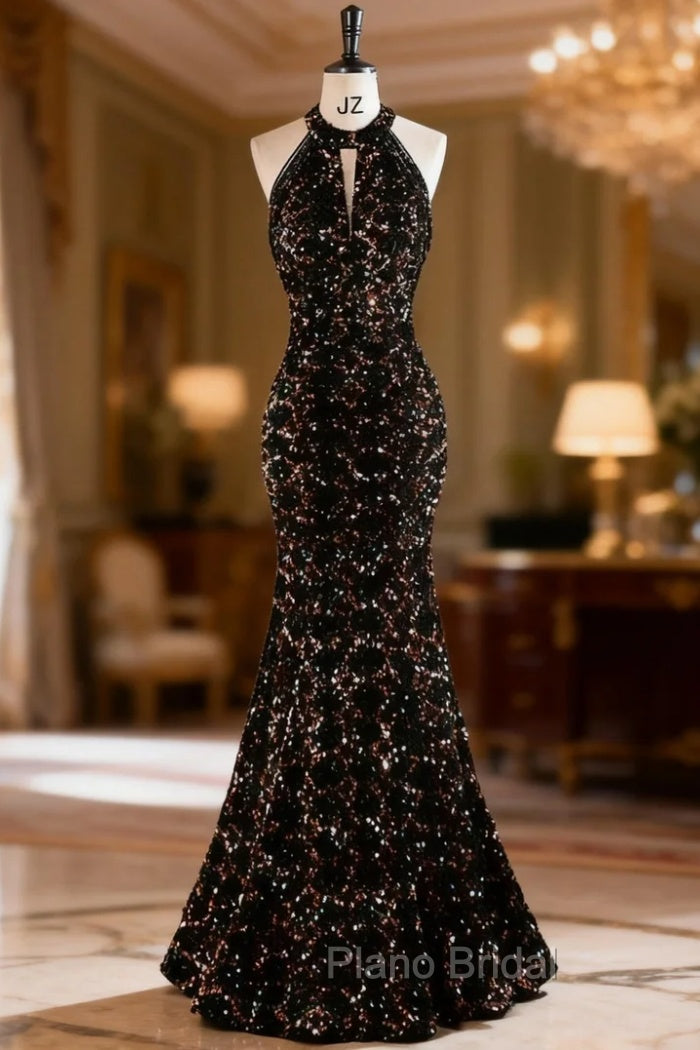 Black Mermaid Sequins Halter Beading Formal Prom Dresses