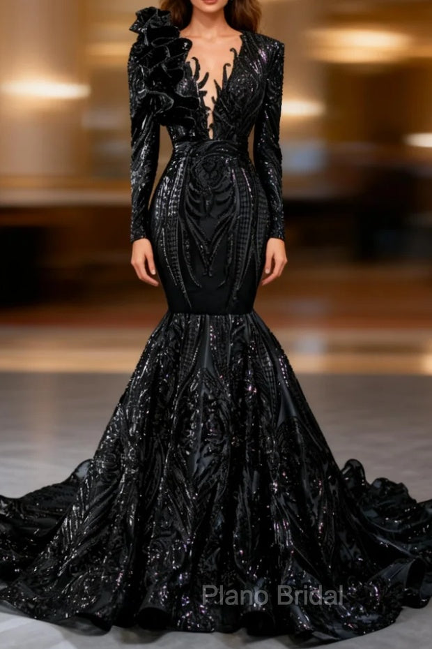 Black Mermaid Sequins Long Sleeve Ruffls Long Formal Prom Dresses Main image