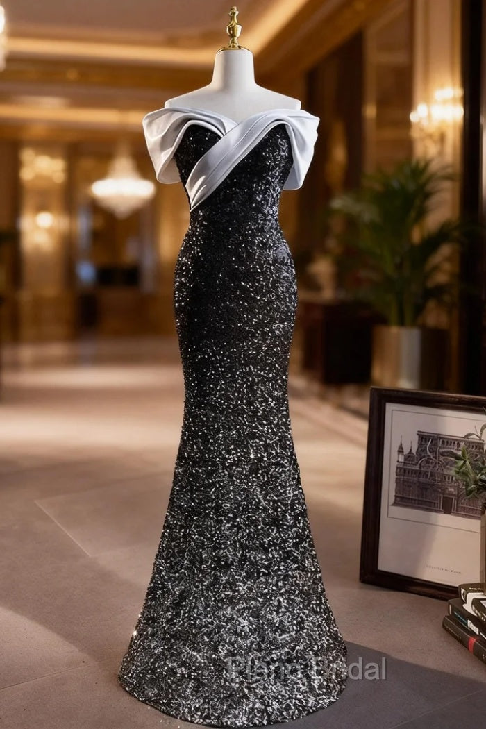 Black Mermaid Sequins Off the Shoulder Formal Prom Dresses