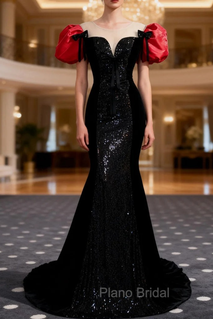 Black Mermaid Sequins Puff Sleeve Formal Prom Dresses
