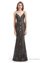Mermaid Sequins Spaghetti Straps Prom Dresses With Detachable Train