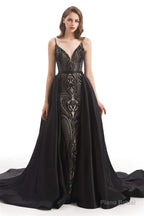 Mermaid Sequins Spaghetti Straps Prom Dresses With Detachable Train