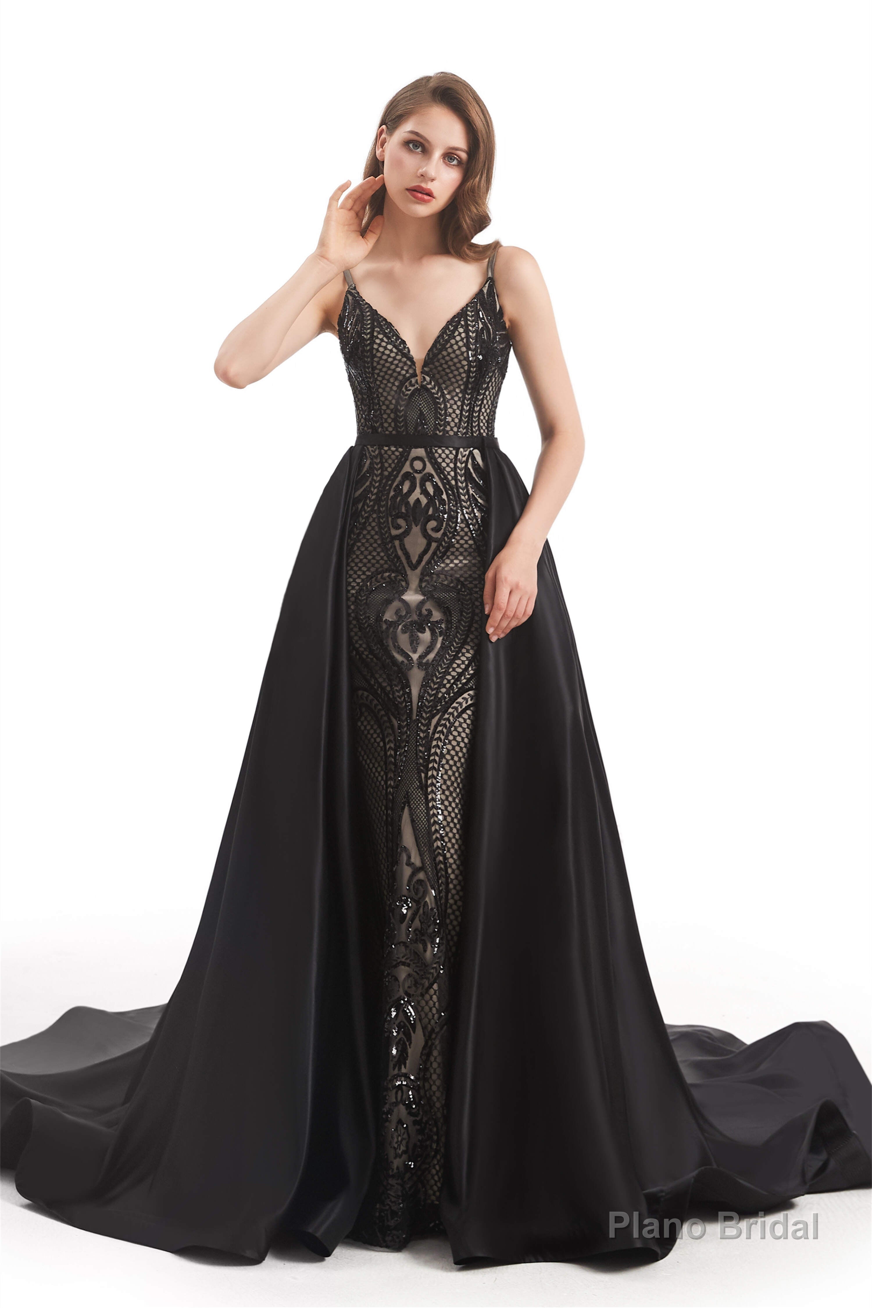 Mermaid Sequins Spaghetti Straps Prom Dresses With Detachable Train