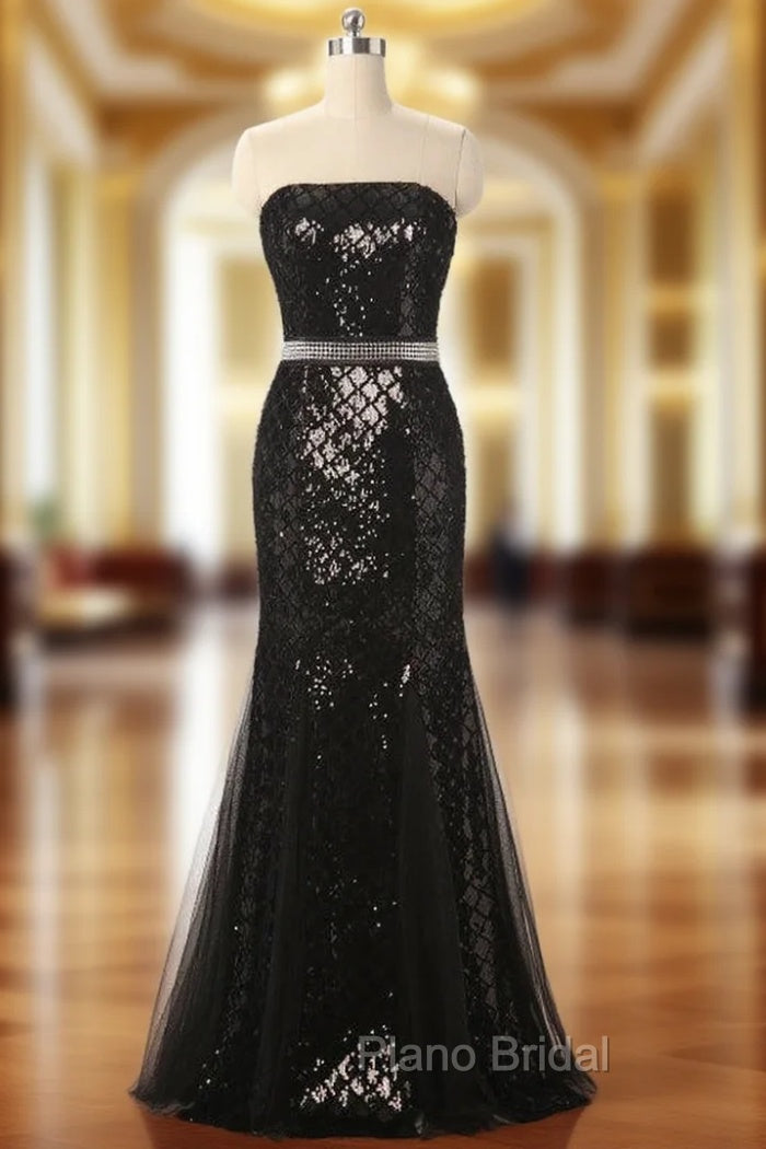Black Mermaid Sequins Strapless Beading Formal Prom Dresses Main image