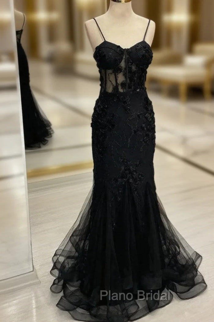 Black Mermaid Spaghetti Straps Flower Formal Prom Dresses Main image