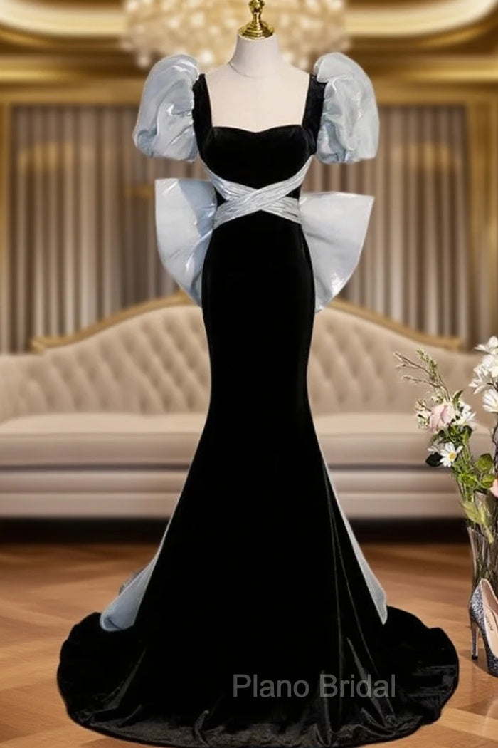 Black Mermaid Square Neck Puff Sleeve Formal Prom Dresses