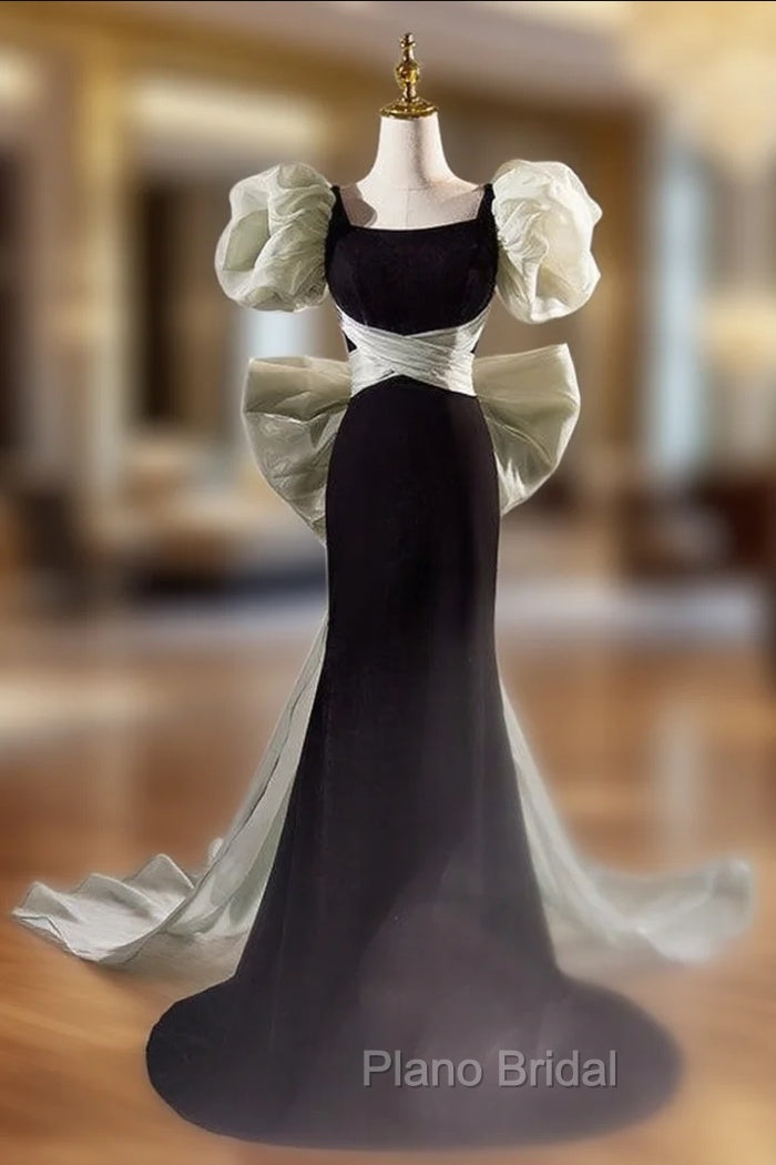 Black Mermaid Square Puff Sleeve Bow Formal Prom Dresses Main image