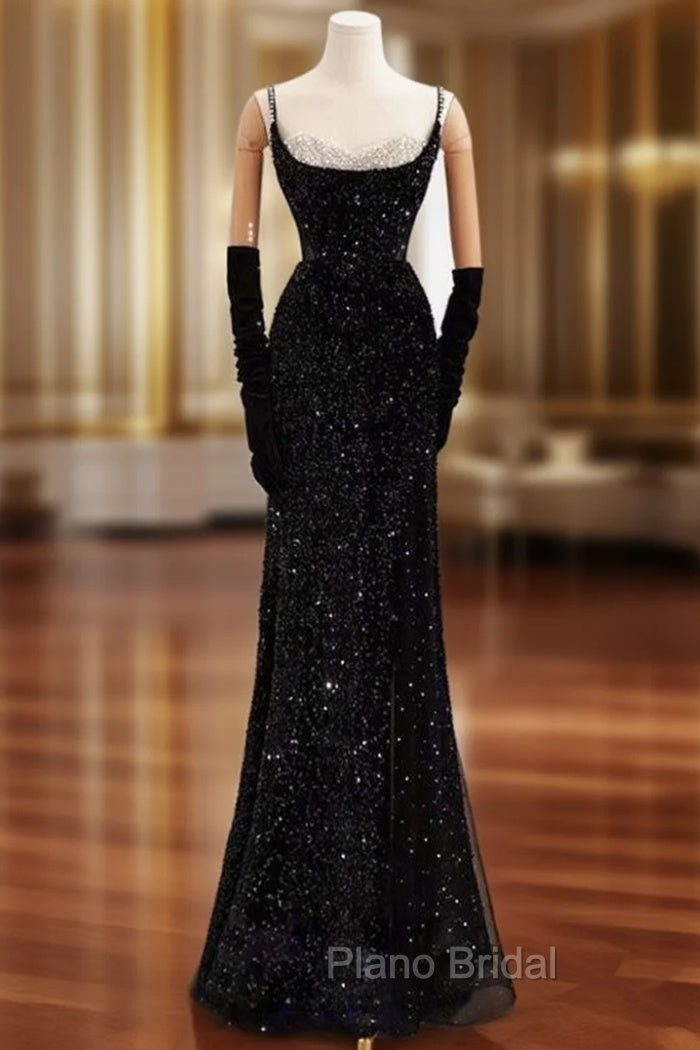 Black Mermaid Straps Sequins Formal Prom Dresses