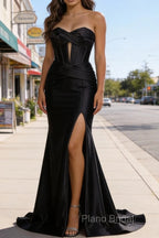 Black Mermaid Sweetheart Corset Long Prom Dress with Slit