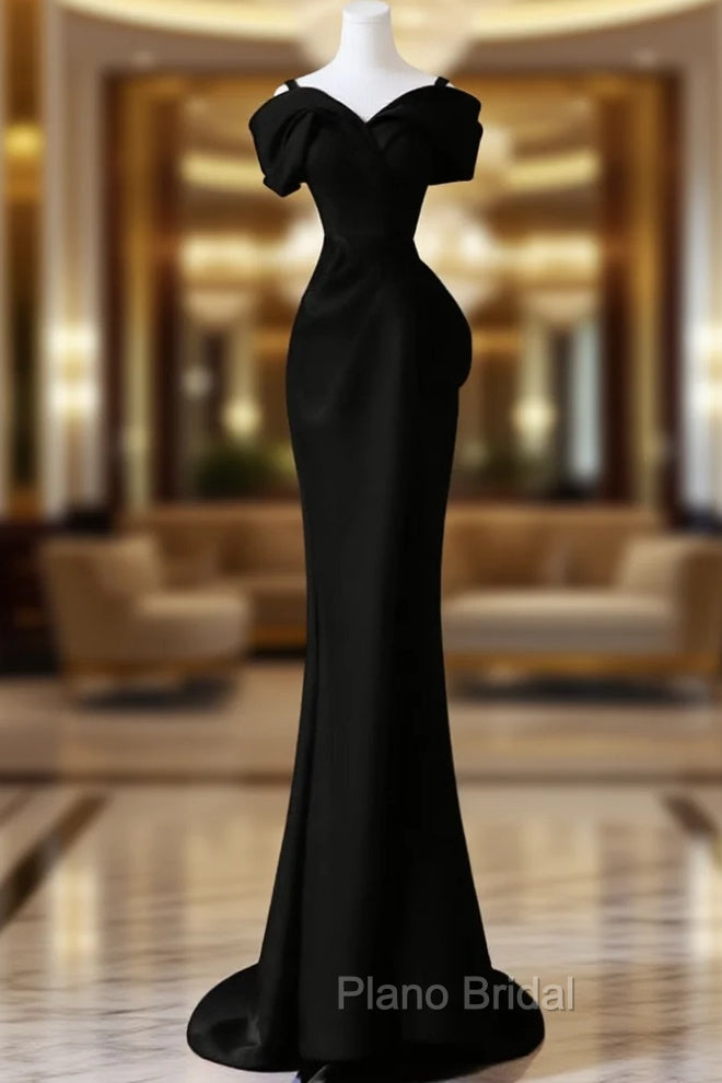 Black Mermaid Sweetheart Off Shoulder Formal Prom Dresses, Black Satin Evening Dresses Main image