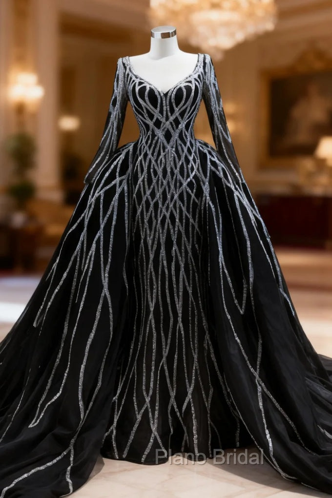 Black Mermaid Tulle Long Sleeve Sequins Formal Prom Dresses With Detachable Train Main image
