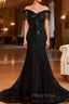 Black Mermaid Tulle Off the Shoulder Beading Formal Prom Dresses